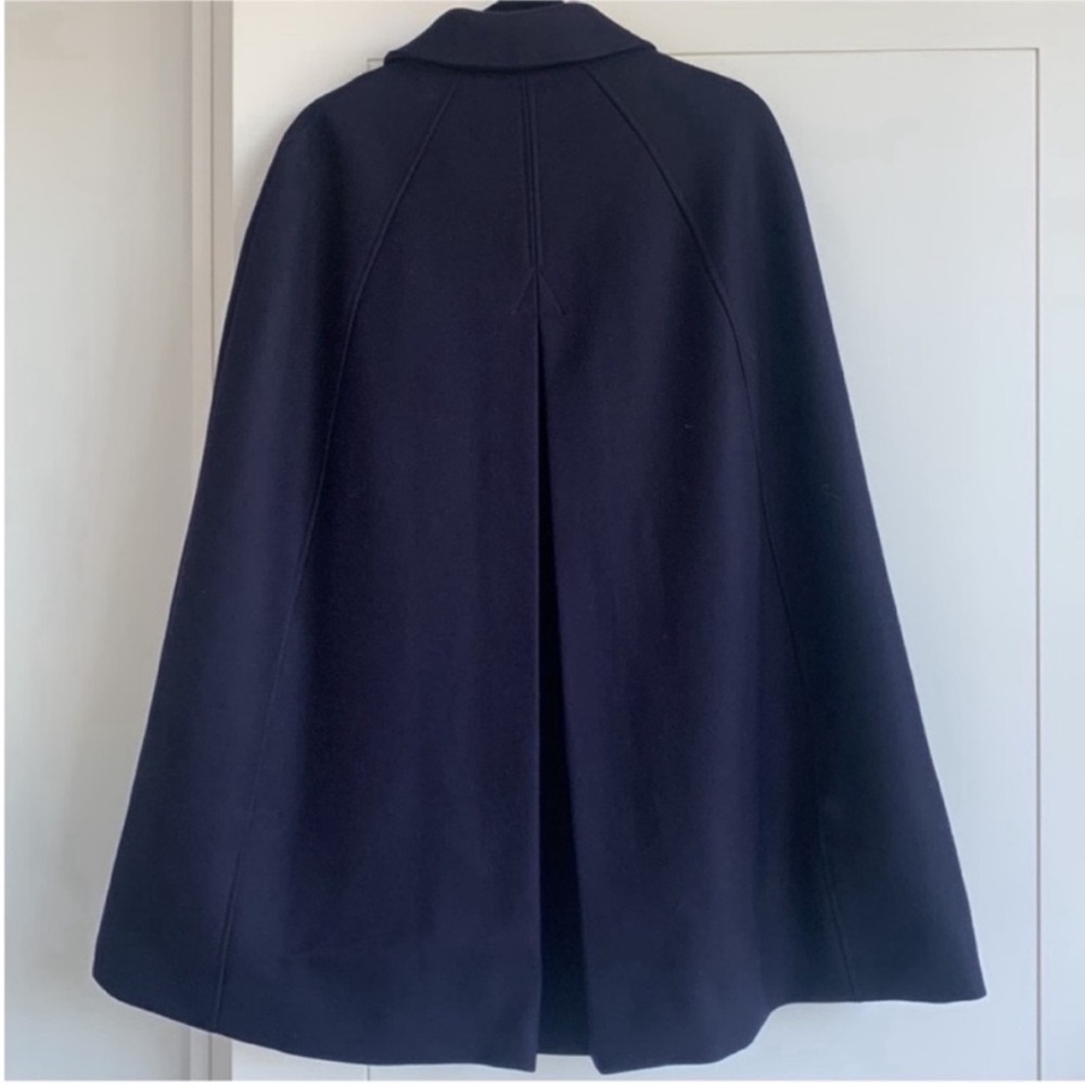 J. Crew Collection Navy Blue Wool Double Breasted Leather Trim Cape XS/S - Picture 8 of 12